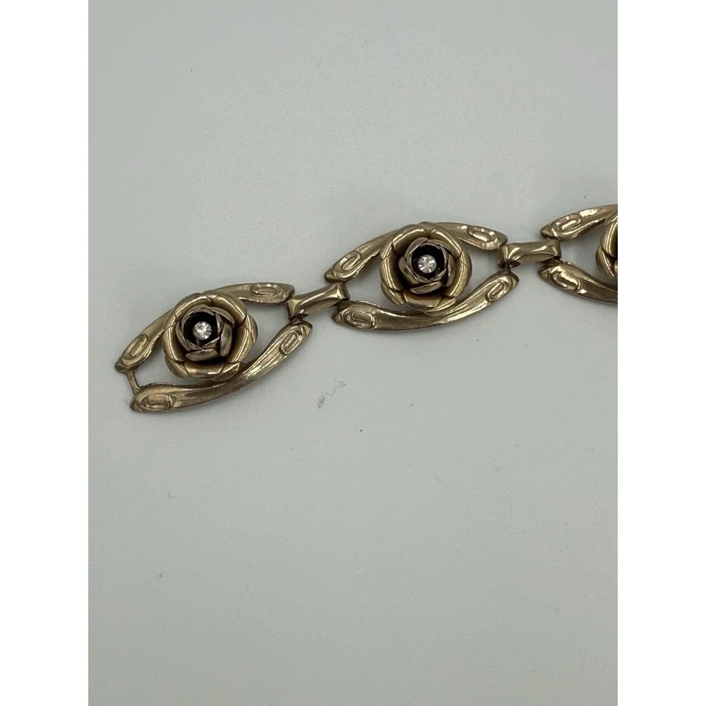 Vintage Floral Link Bracelet‎ Gold Tone Rose Rhinestone